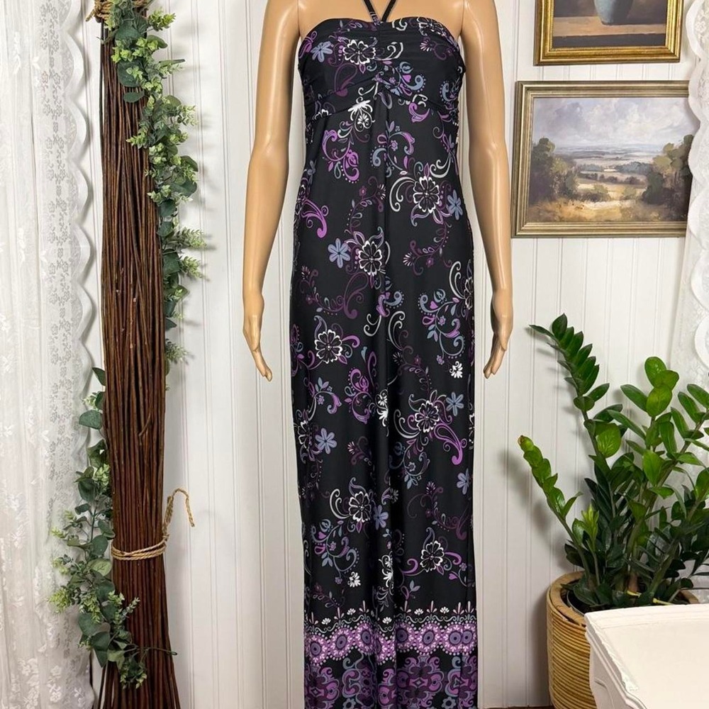 Y2K Hypnotized Black Purple Floral Halter Maxi Dress‎ Size S